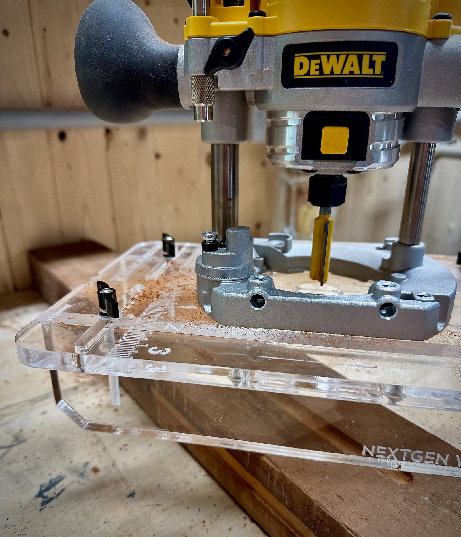 DeWalt mortising jig side angle showing depth adjustment